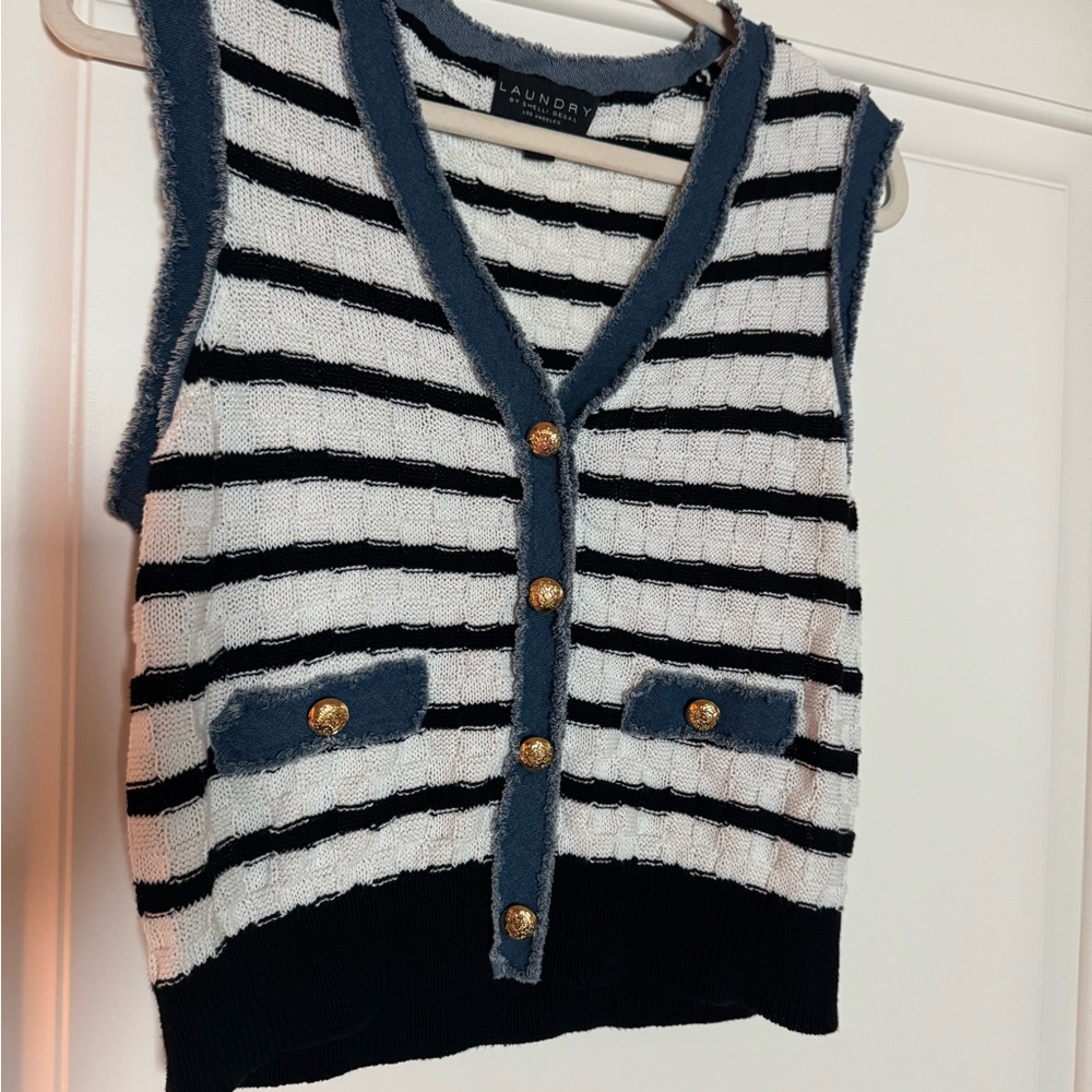 Laundry By Shelli Segal Blue and Black Striped Cardigan Vest